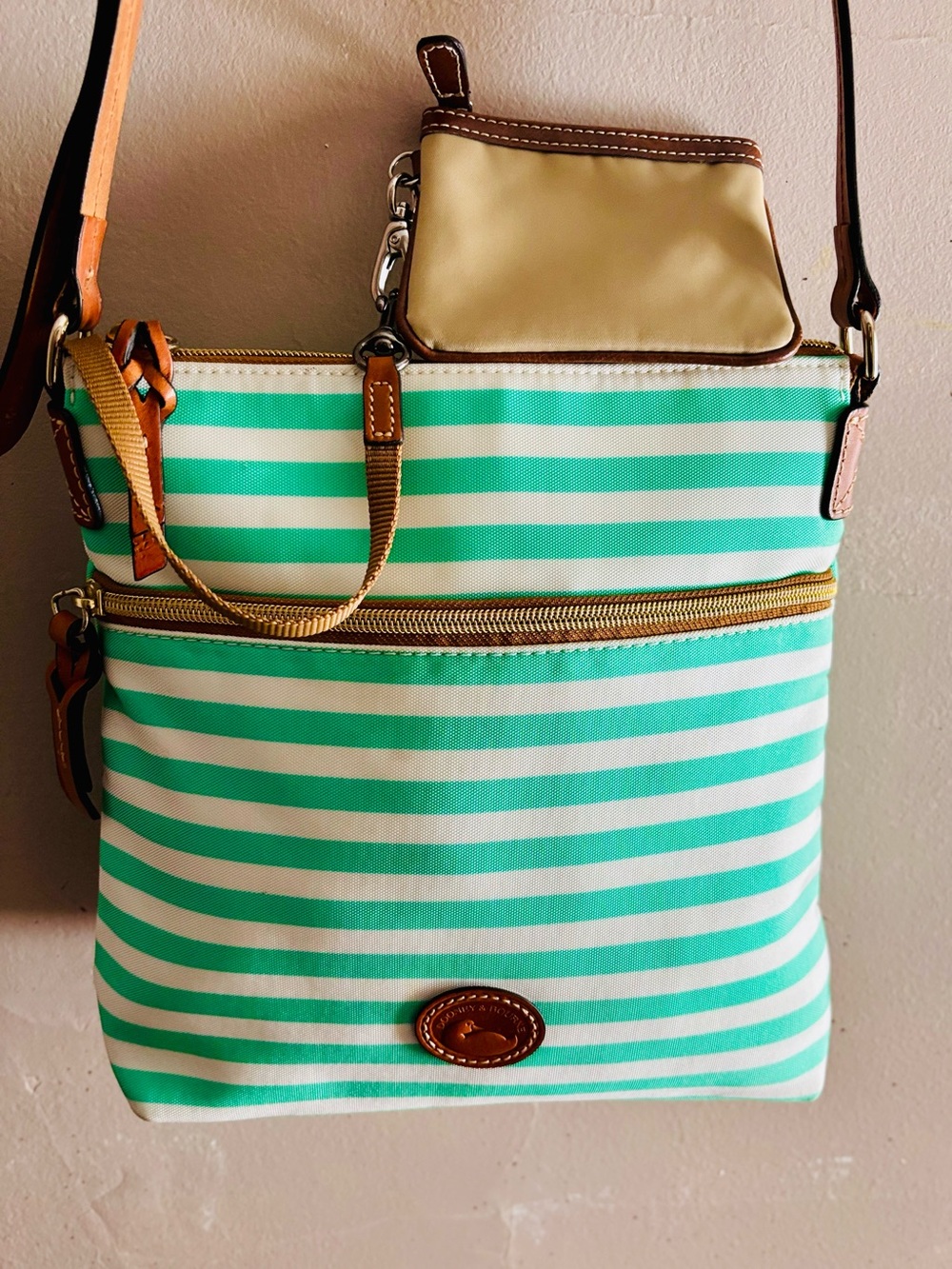 Dooney & Bourke Mint Green and White Striped Crossbody with Tan Leather Trim - Picture 3 of 11